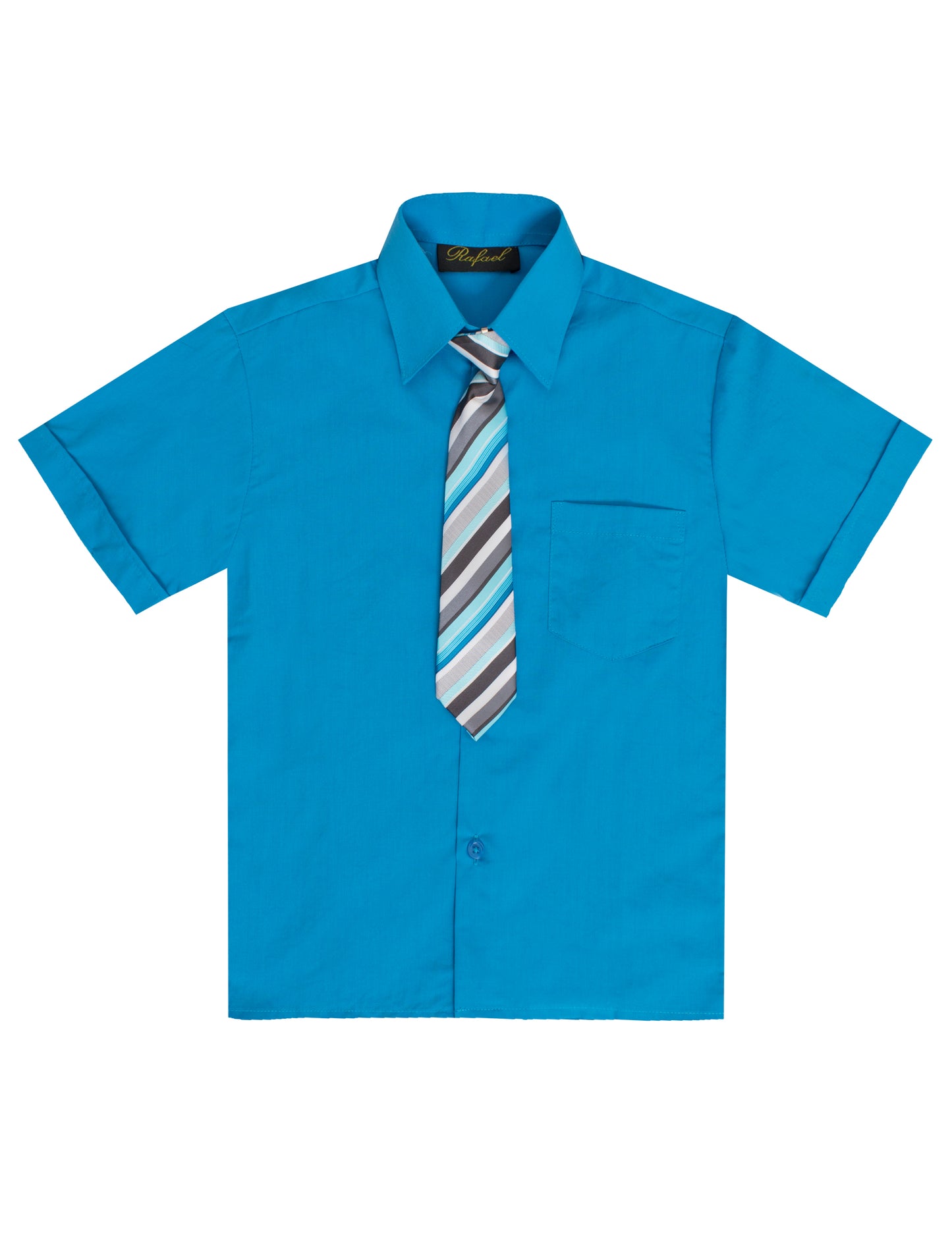 S-889 BOYS FORMAL SHORT SLEEVE DRESS SHIRT WITH STRIPED TIE 7 COLORS (IVORY-PUMPKIN-AQUA-PURPLE-VIVID BLUE-BLACK-FUSCHIA) SIZE 2-20