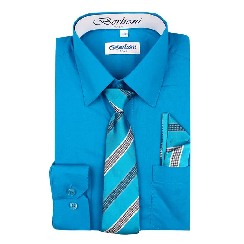 BL-BOYS SOLID DRESS FORMAL SHIRT WITH TIE AND P-SQ SET 8 COLORS (HUNTER GREEN-NEW AQUA-PURPLE-RED-TURQ-WHITE-R BLUE-LEMON) SIZE 2-20