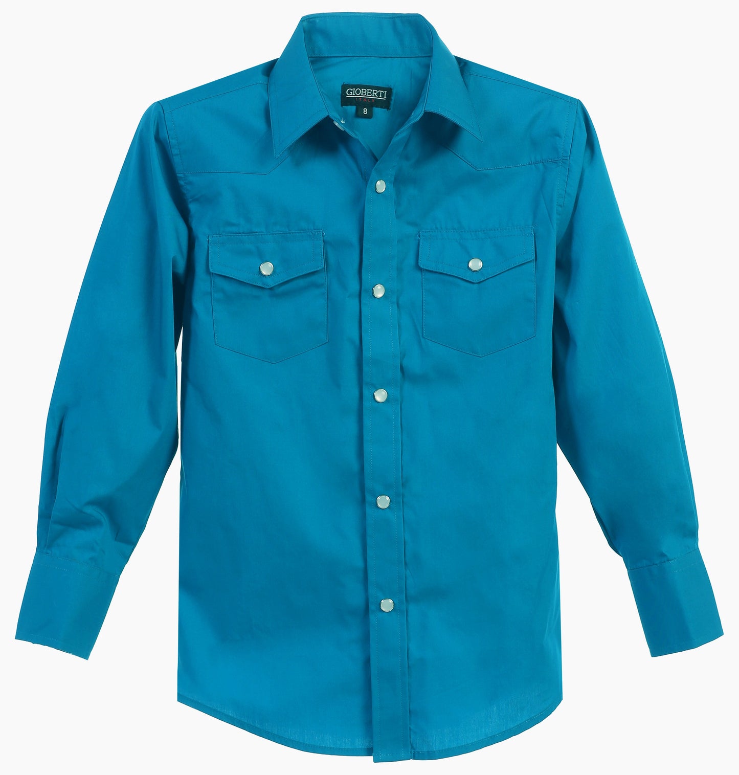 LS-85W-Boy's Casual Western Solid Long Sleeve Shirt with Pearl Snaps - 6 COLORS( RED-TURQ-BROWN-BURG-LIGHT BLUE-WHITE ) SIZE 4-18