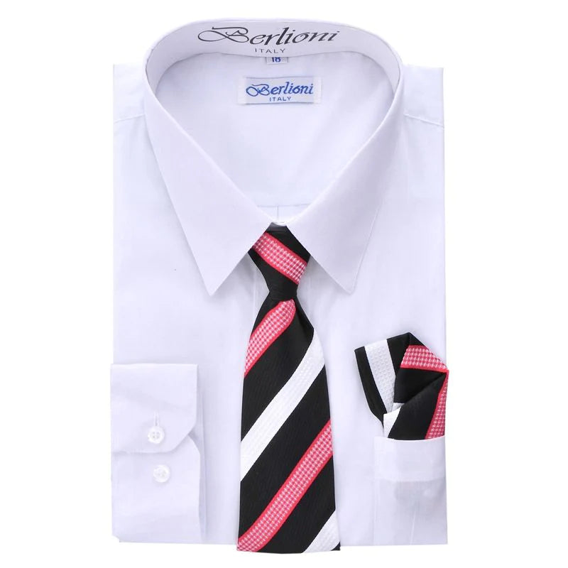 BL-BOYS SOLID DRESS FORMAL SHIRT WITH TIE AND P-SQ SET 8 COLORS (HUNTER GREEN-NEW AQUA-PURPLE-RED-TURQ-WHITE-R BLUE-LEMON) SIZE 2-20