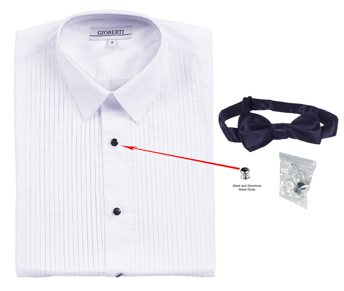 DS-85T Boy's White Tuxedo Dress Shirt, with Bow Tie and Metal Studs SIZE 2-18