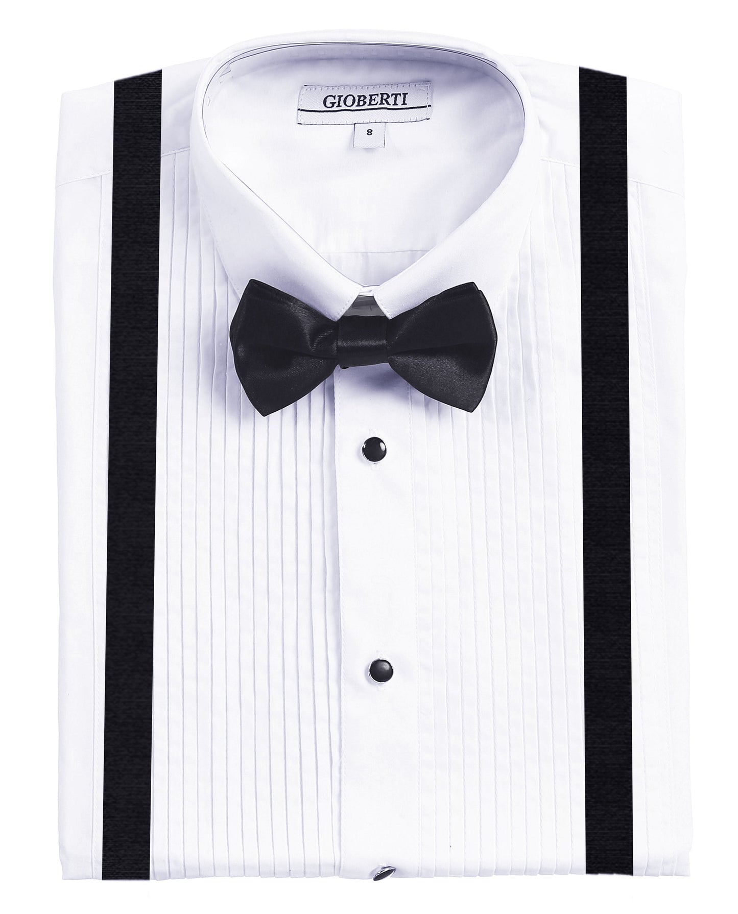 Boy's White Tuxedo Dress Shirt with Bow Tie & Suspenders and Metal Studs