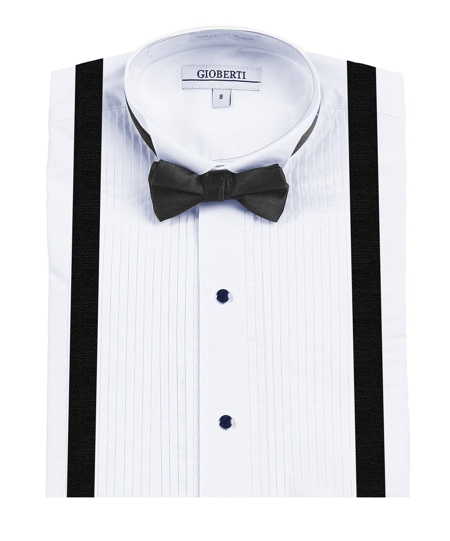 Boy's Wing Tip Collar White Tuxedo Dress Shirt with Bow Tie & Suspenders and Metal Studs