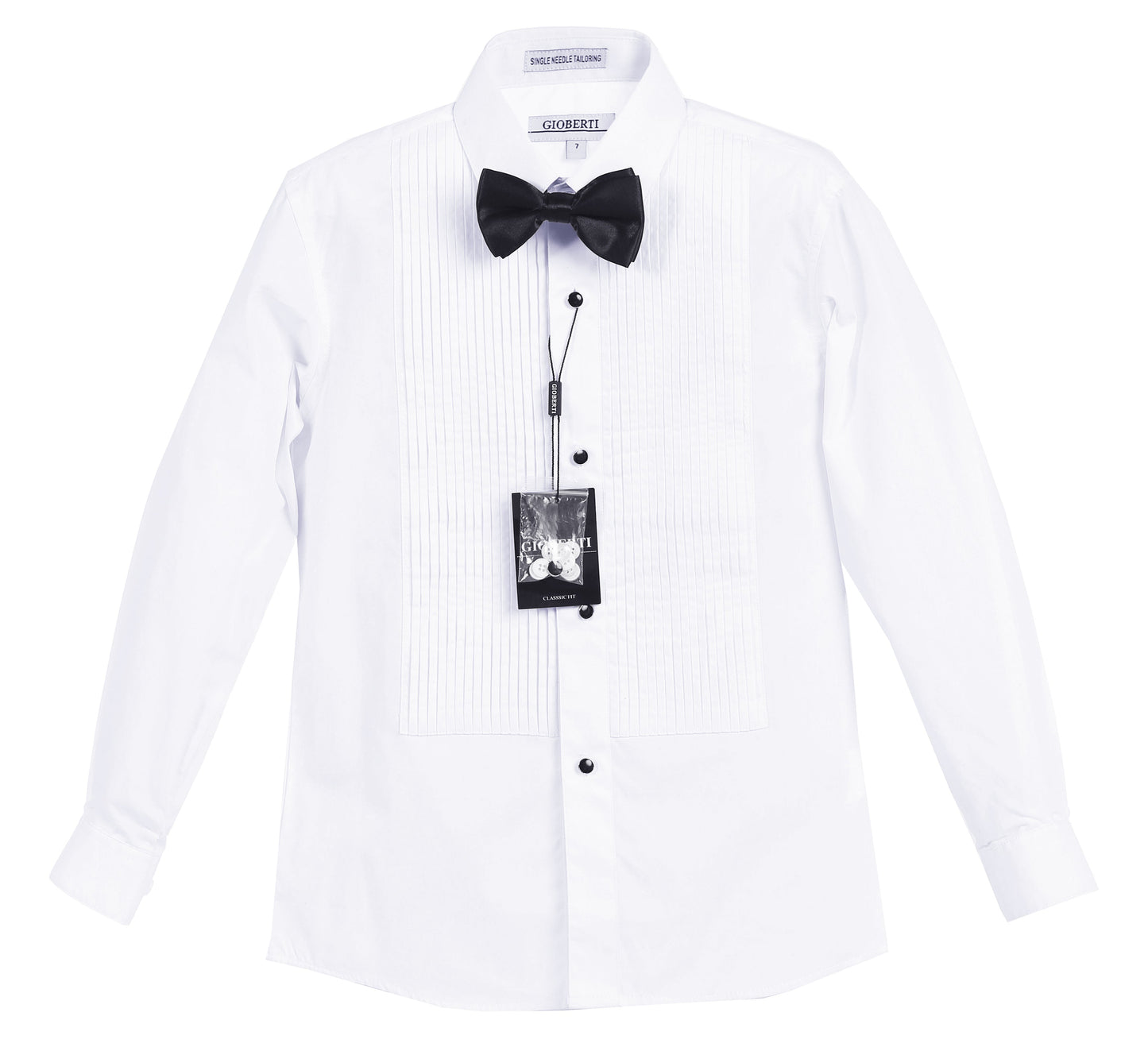 DS-85T Boy's White Tuxedo Dress Shirt, with Bow Tie and Metal Studs SIZE 2-18