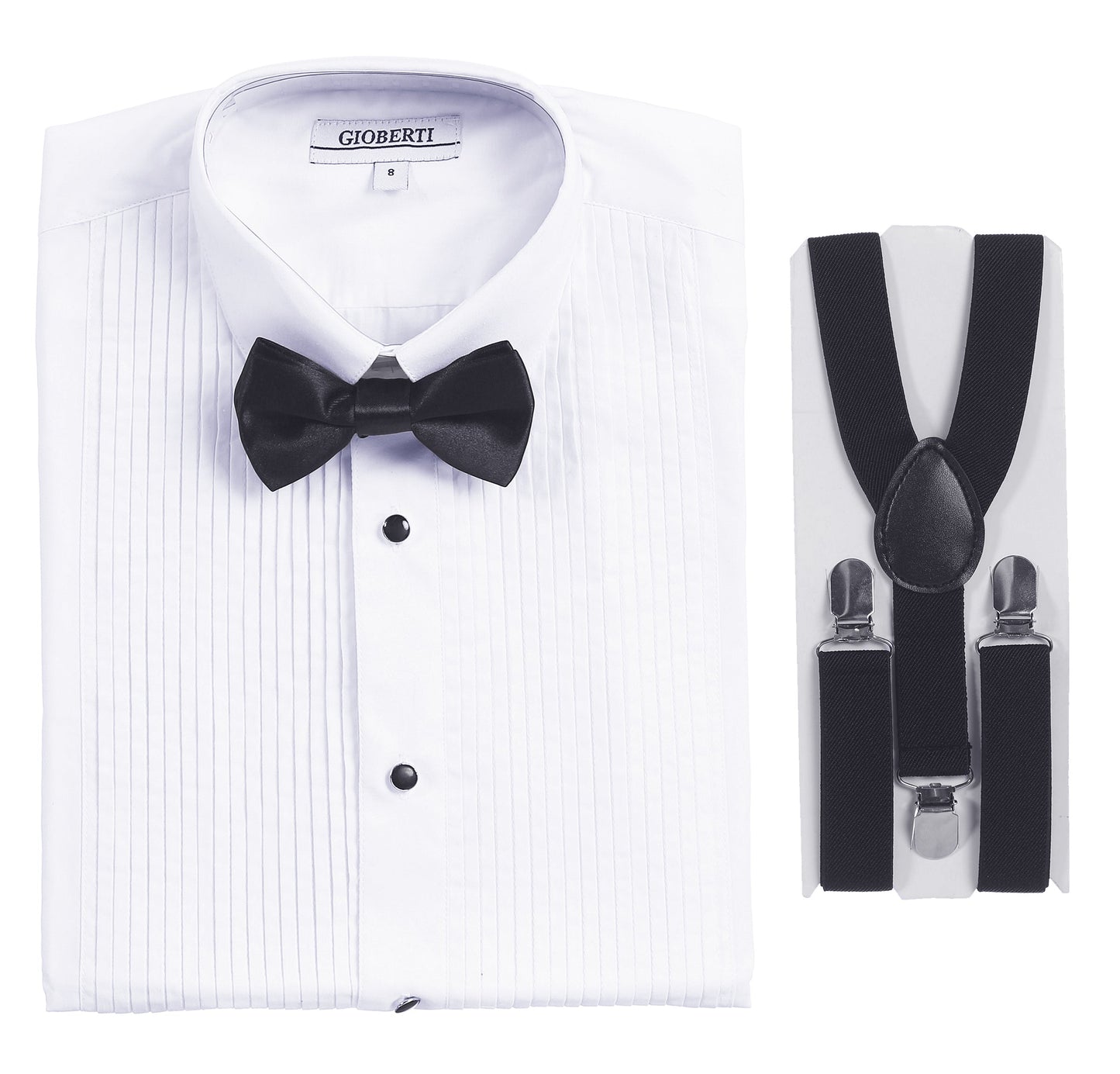 Boy's White Tuxedo Dress Shirt with Bow Tie & Suspenders and Metal Studs