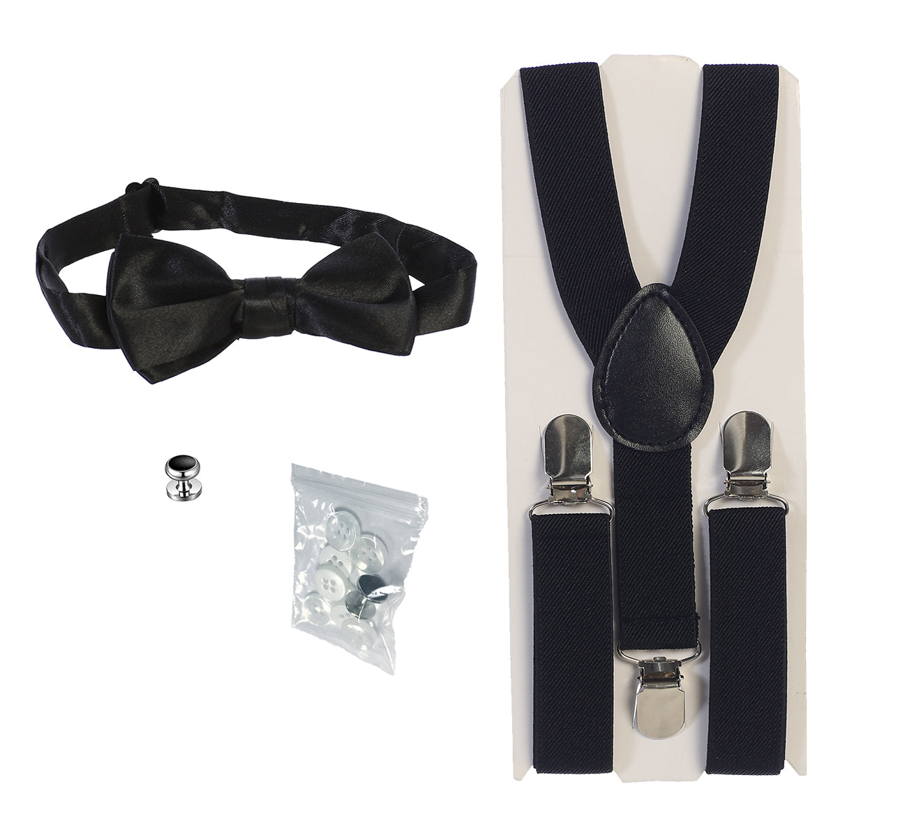 Boy's Wing Tip Collar White Tuxedo Dress Shirt with Bow Tie & Suspenders and Metal Studs