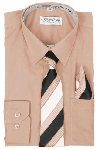 BL-BOYS SOLID DRESS FORMAL SHIRT WITH TIE AND P-SQ SET 8 COLORS (AQUA-BLACK-BLUSH-BURG-CORAL-GOLD-KHAKI-LEMON) SIZE 2-20