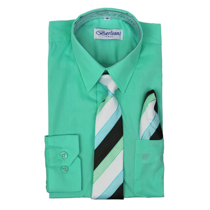 BL-BOYS SOLID DRESS FORMAL SHIRT WITH TIE AND P-SQ SET 8 COLORS (HUNTER GREEN-NEW AQUA-PURPLE-RED-TURQ-WHITE-R BLUE-LEMON) SIZE 2-20