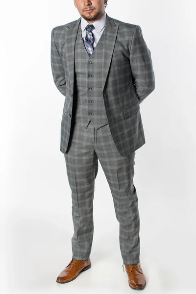 2306-Mens Light Gray Checker Suit (3 PCS)