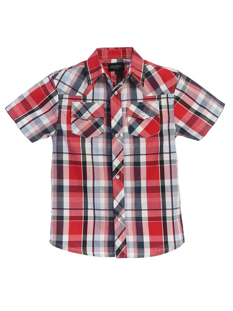 BOY'S SHORT SLEEVE WESTERN STYLE PLAID SHIRT