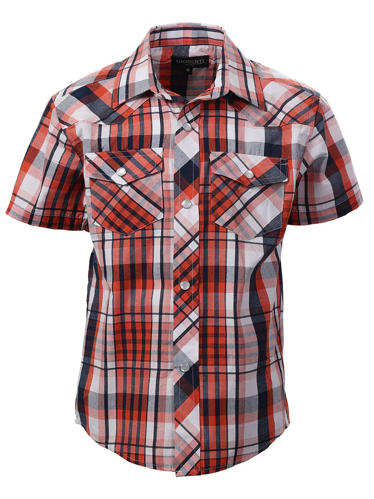 BOY'S SHORT SLEEVE WESTERN STYLE PLAID SHIRT