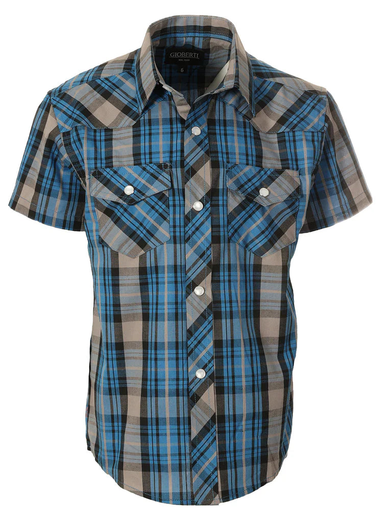 BOY'S SHORT SLEEVE WESTERN STYLE PLAID SHIRT