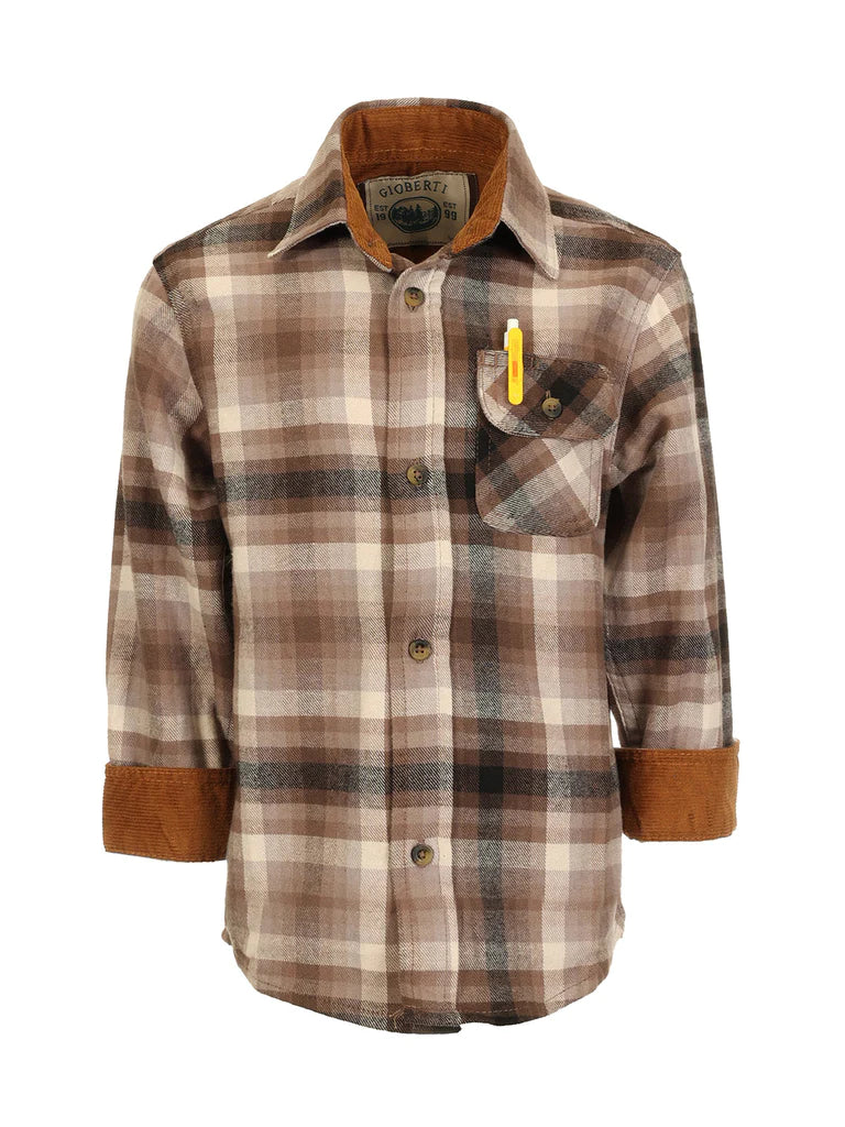 BOY'S SINGLE POCKET FLANNEL SHIRT WITH CORDUROY CONTRAST