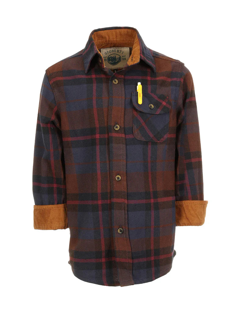 BOY'S SINGLE POCKET FLANNEL SHIRT WITH CORDUROY CONTRAST