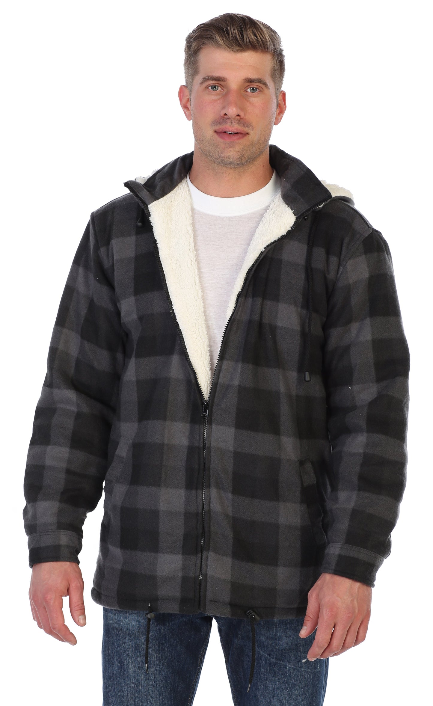 Men's Sherpa Lined Flannel Jacket with Removable Hood