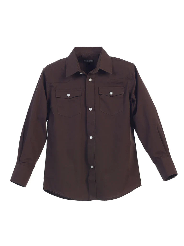 Boy's Casual Western Solid Long Sleeve Shirt with Pearl Snaps