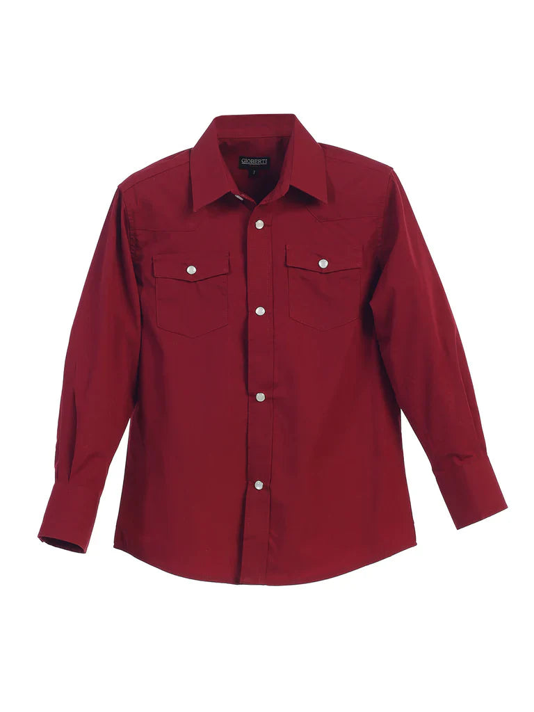 Boy's Casual Western Solid Long Sleeve Shirt with Pearl Snaps