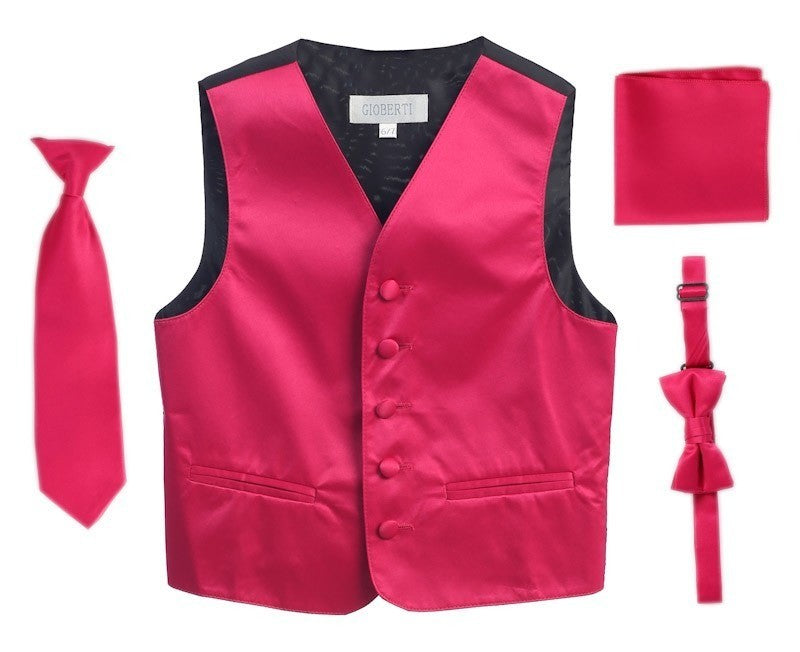 VSK4 BOYS SATIN SOLID 4 PCS SET FORMAL VEST IN 12 COLORS SIZE 8-18