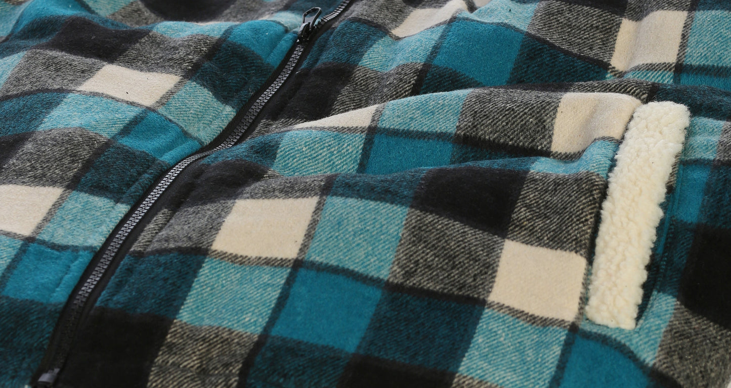 Men's Full Zip Wool-Like Plaid Jacket with Warm Cozy Inner Padding and Sherpa Collar