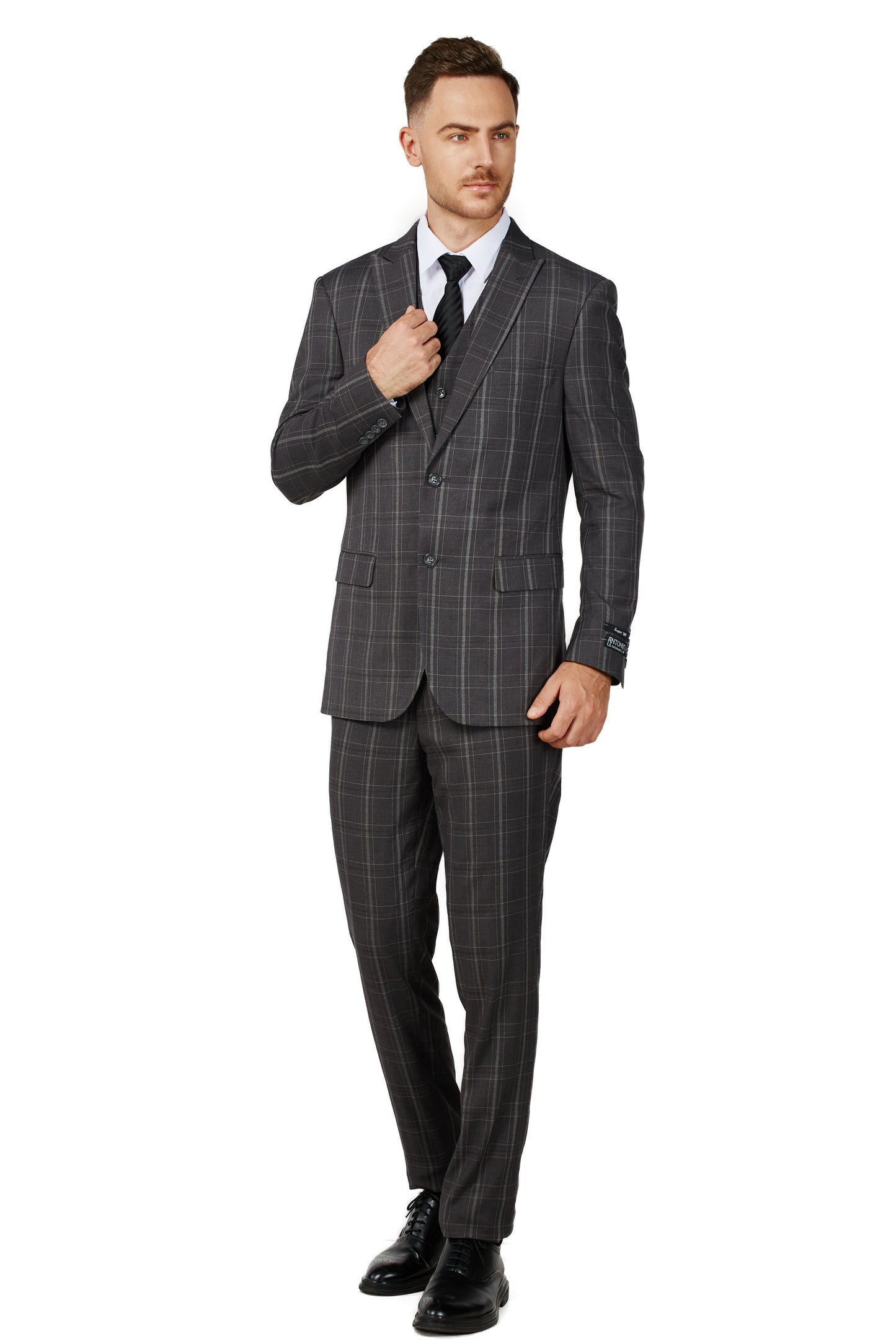 8703-Men's Charcoal Checker Notched Lapel Suit Slim Fit (3 PCS)