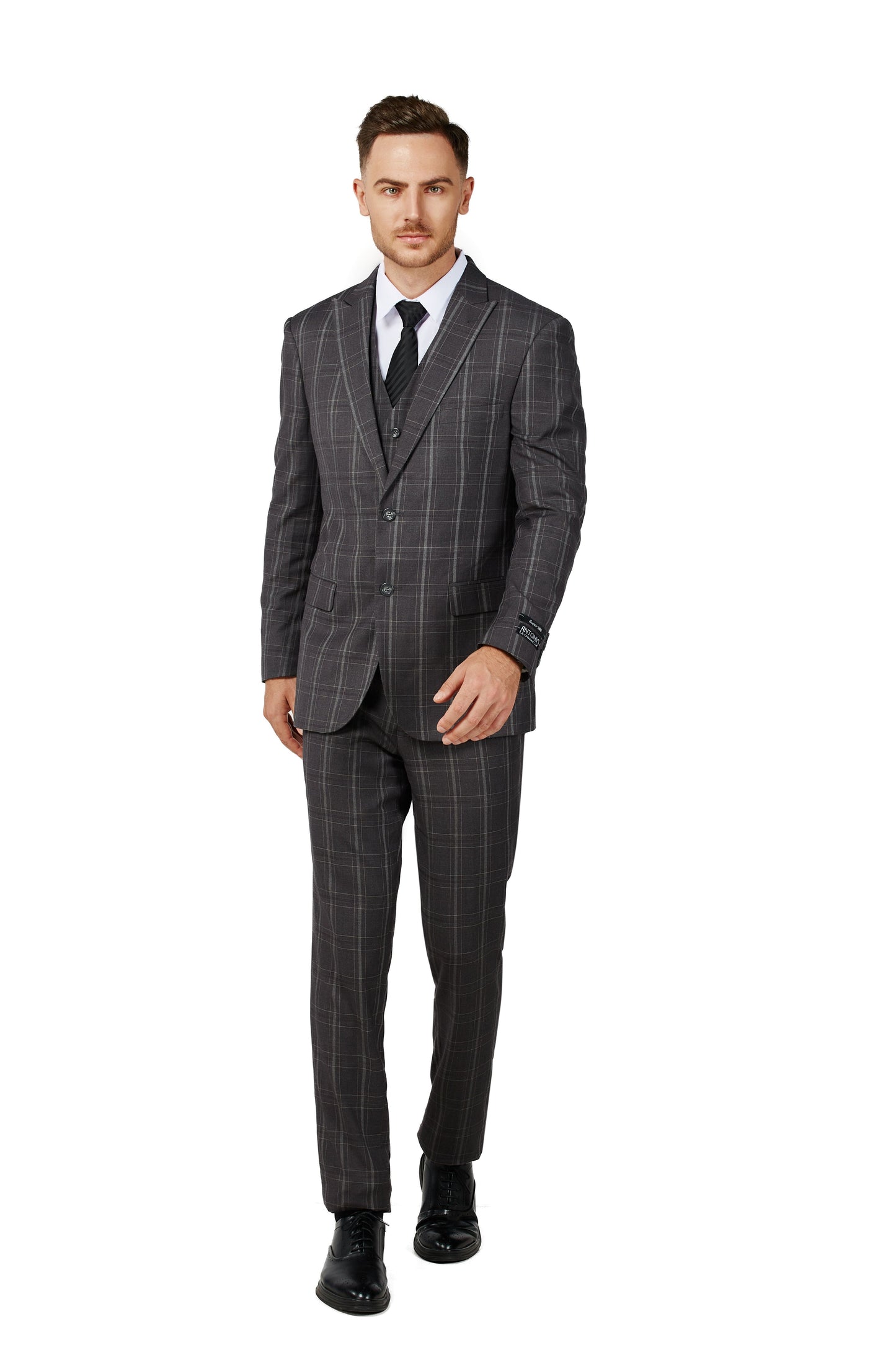 8703-Men's Charcoal Checker Notched Lapel Suit Slim Fit (3 PCS)