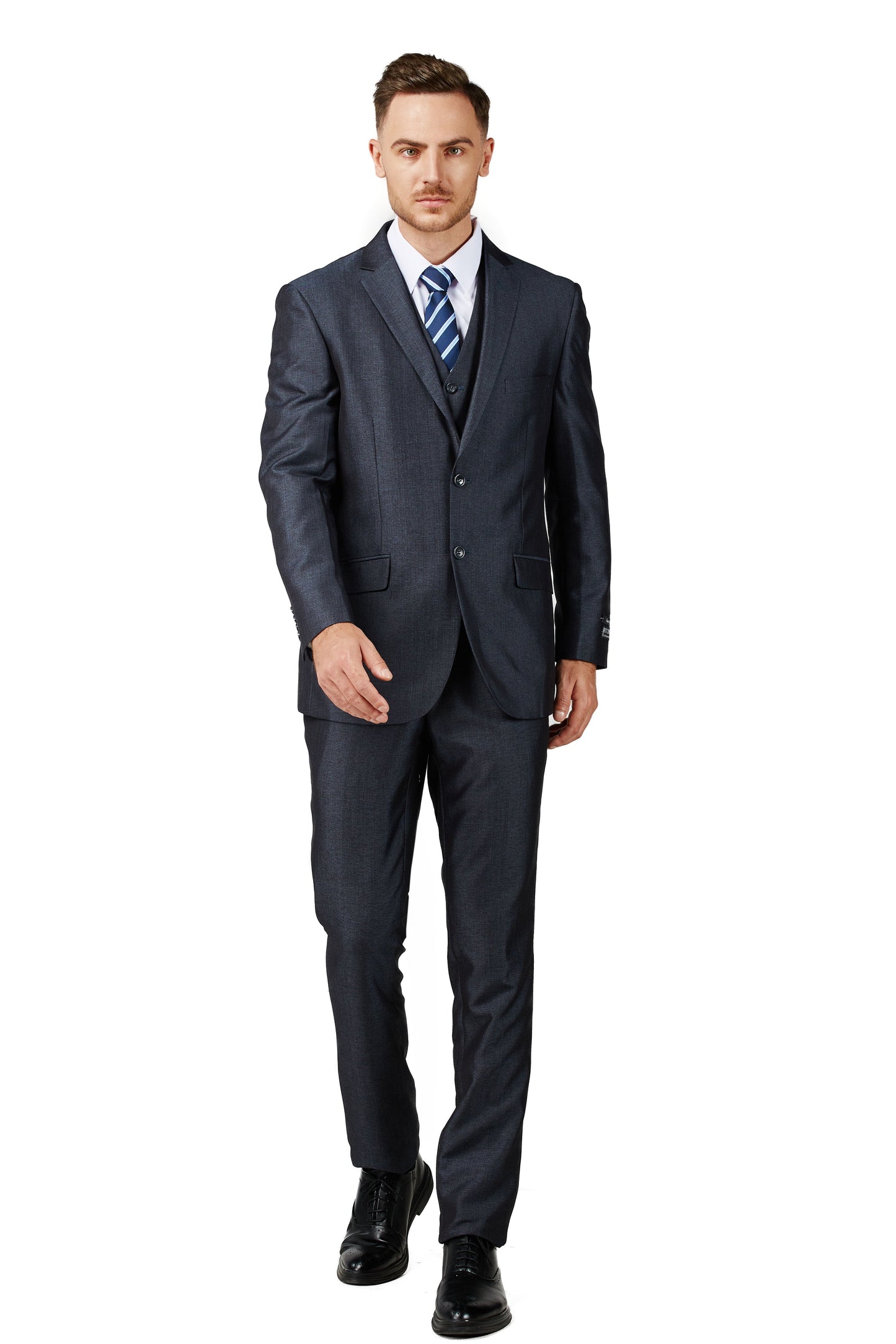 2303-Men's Shiny Charcoal Blue Notched Lapel Suit Slim Fit (3 PCS)