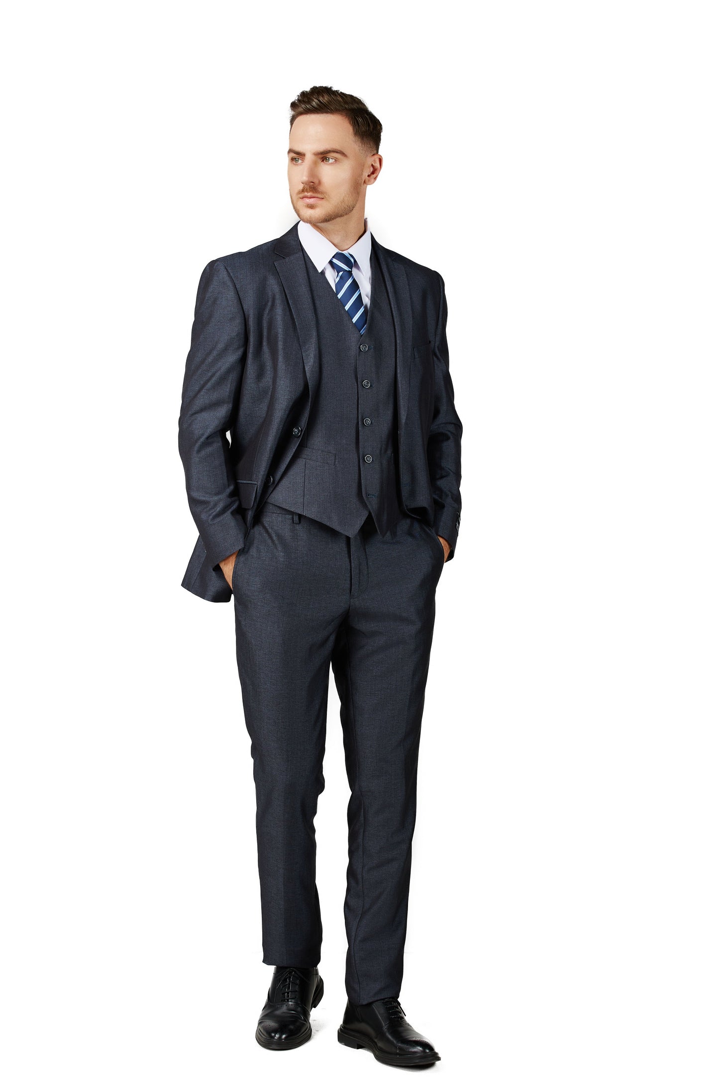 2303-Men's Shiny Charcoal Blue Notched Lapel Suit Slim Fit (3 PCS)