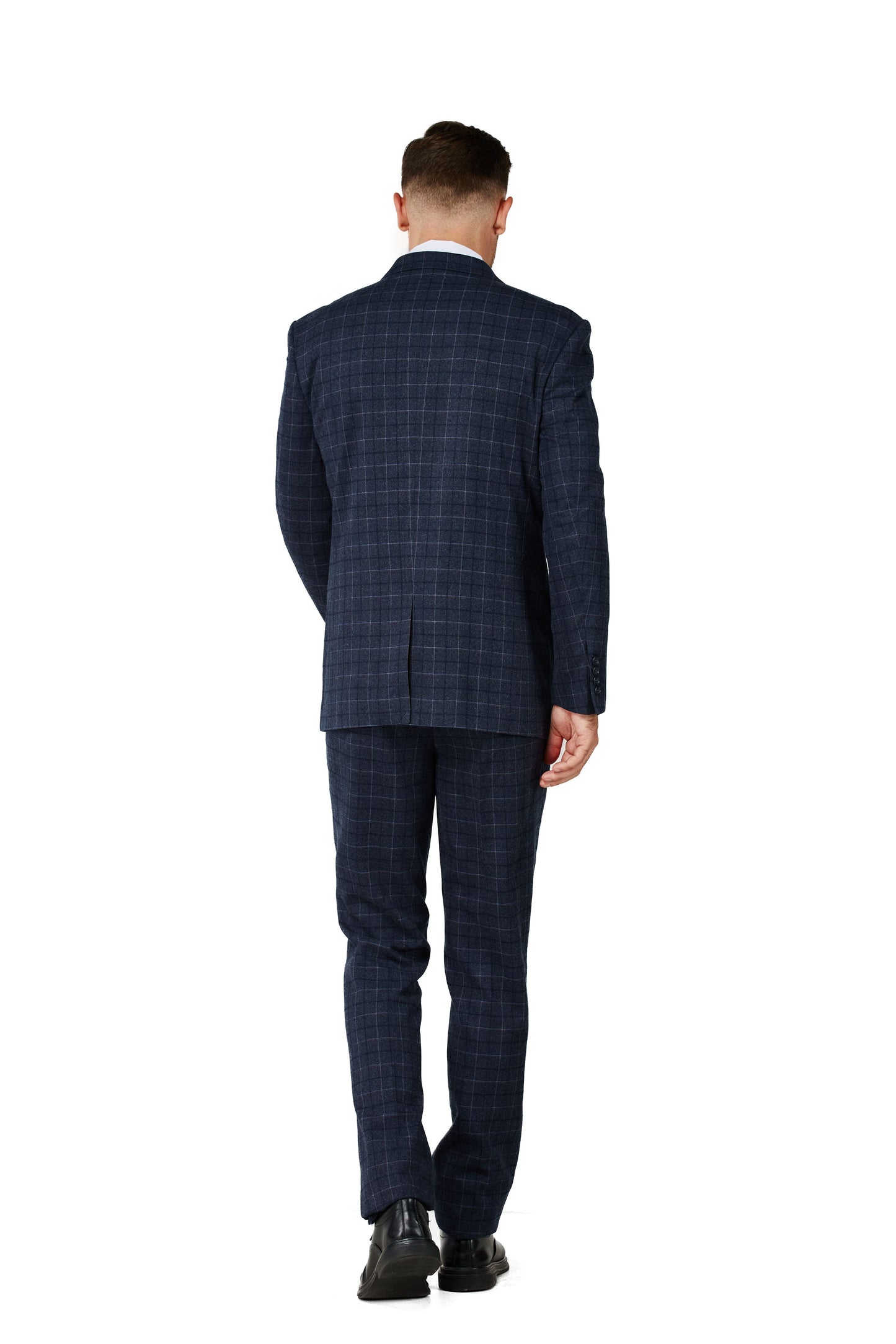 1502-Men's Charcoal Blue Checker Notched Lapel Suit Slim Fit (3 PCS)