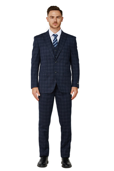 1502-Men's Charcoal Blue Checker Notched Lapel Suit Slim Fit (3 PCS)