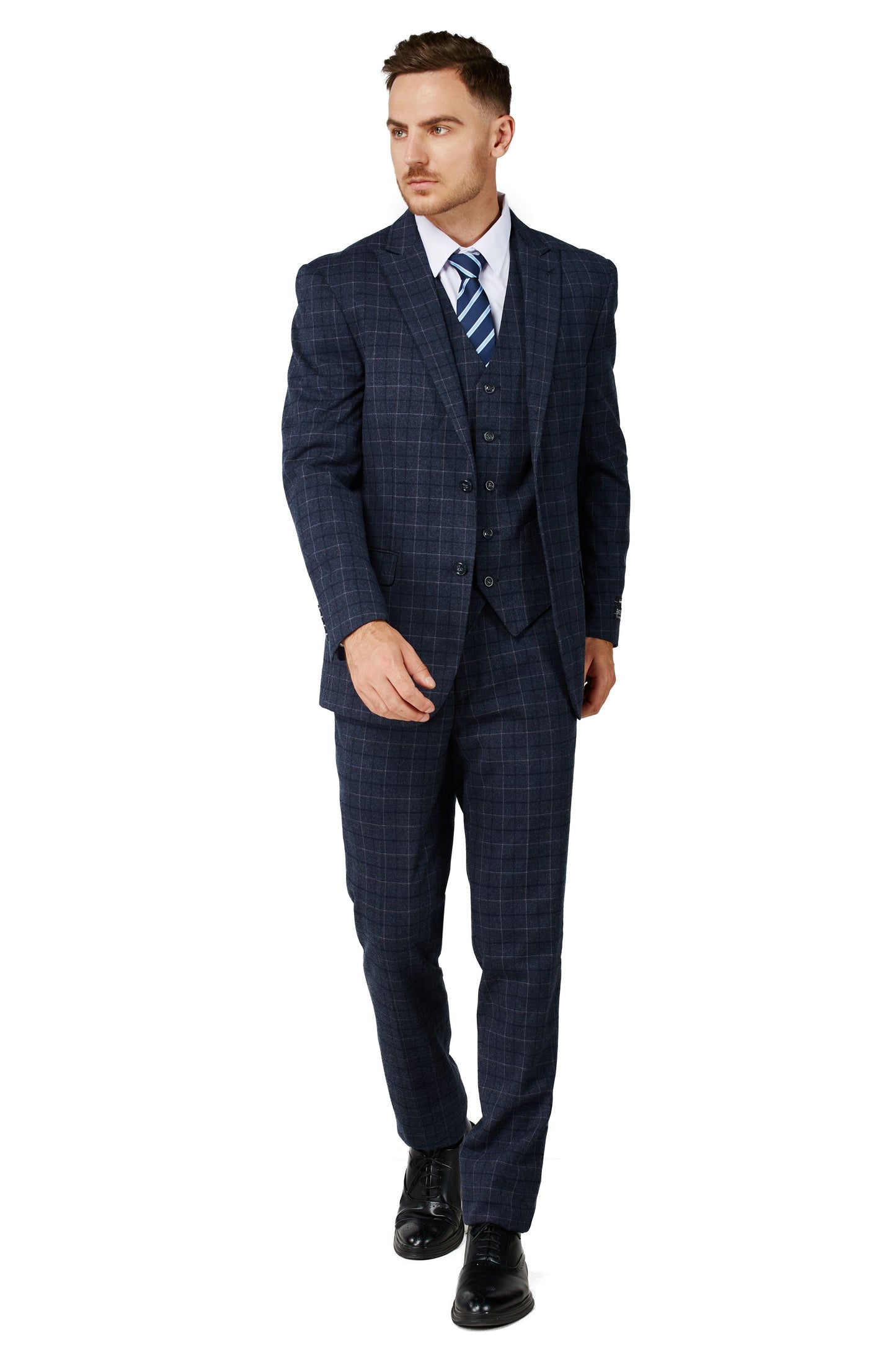 1502-Men's Charcoal Blue Checker Notched Lapel Suit Slim Fit (3 PCS)