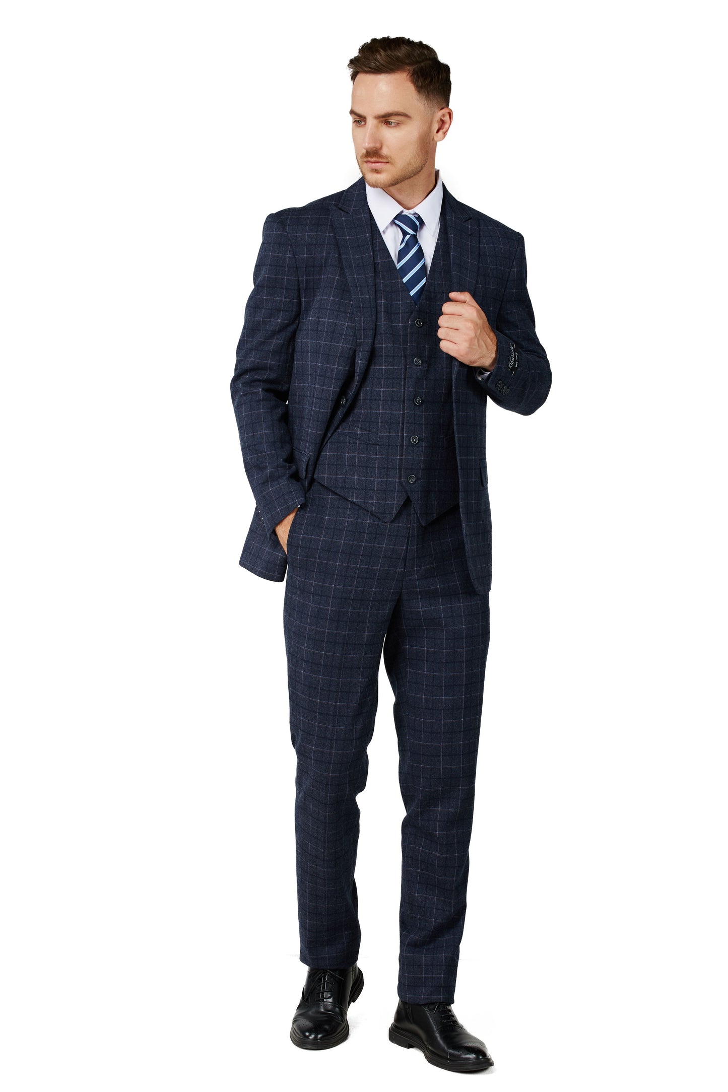 1502-Men's Charcoal Blue Checker Notched Lapel Suit Slim Fit (3 PCS)