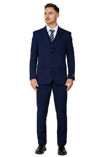 1502 Men's Navy Checker Notched Lapel Suit Slim Fit (3 PCS)