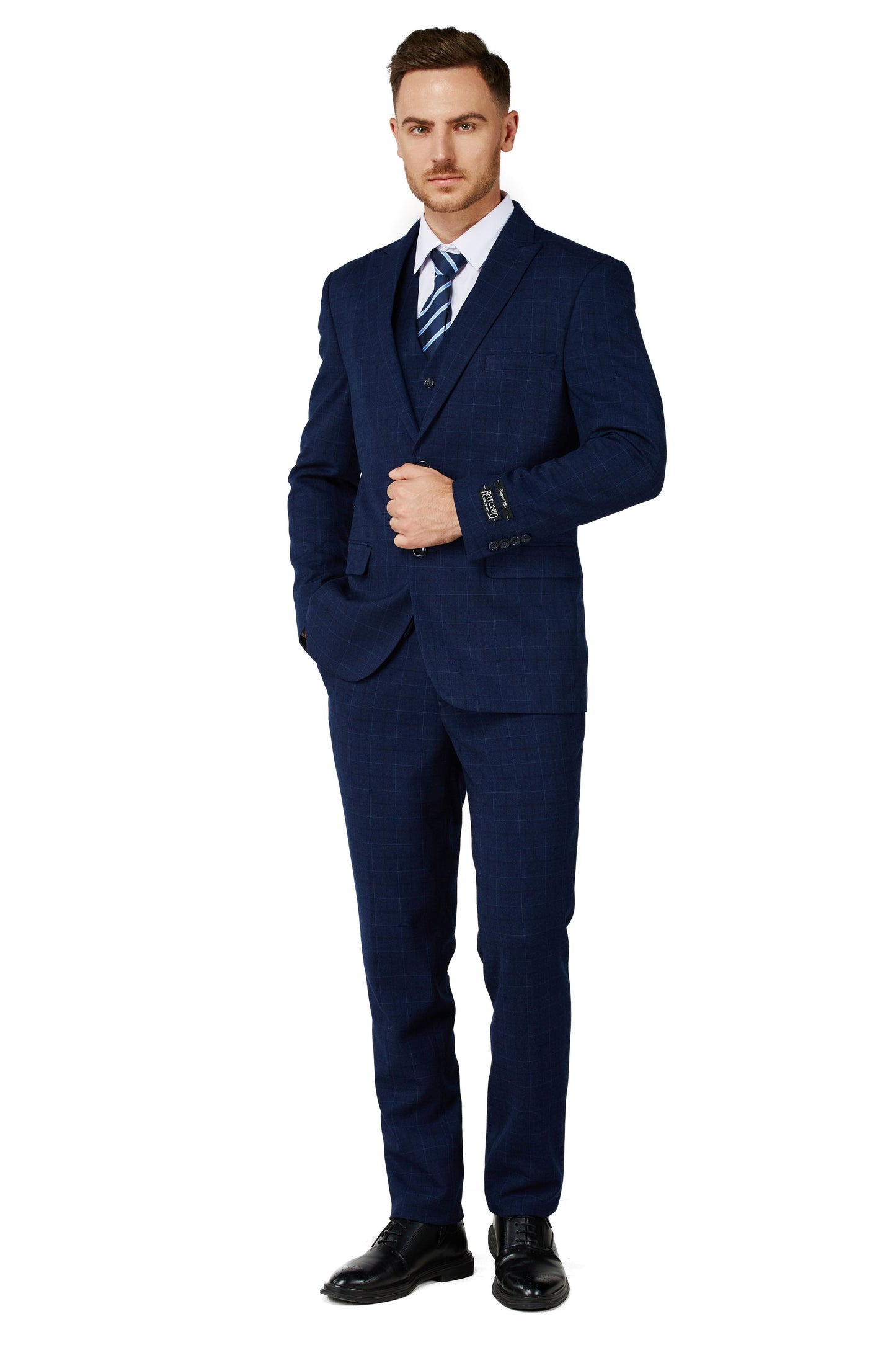 1502 Men's Navy Checker Notched Lapel Suit Slim Fit (3 PCS)