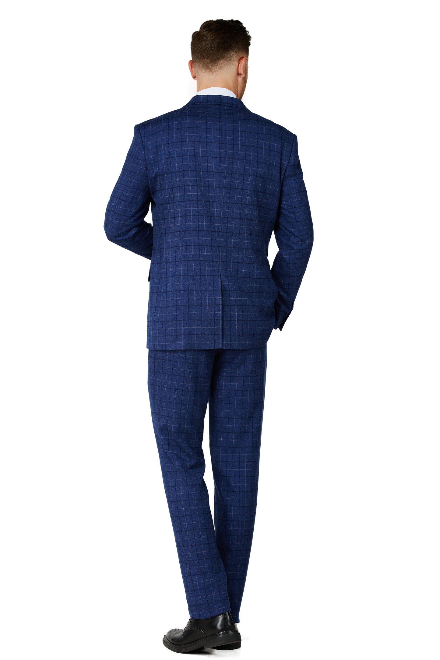 1502-Men's Royal Blue Checker Notched Lapel Suit Slim Fit (3 PCS)