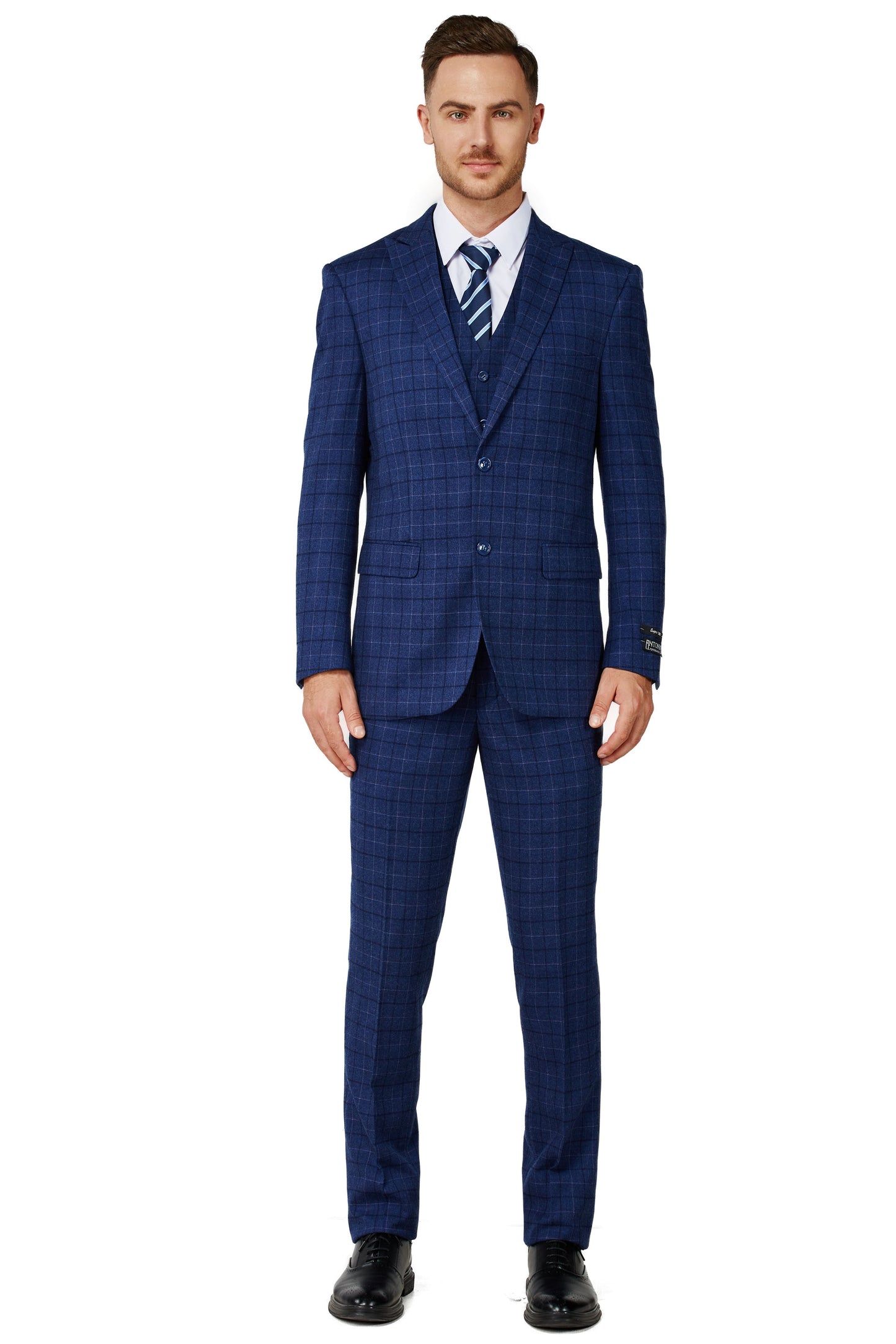 1502-Men's Royal Blue Checker Notched Lapel Suit Slim Fit (3 PCS)