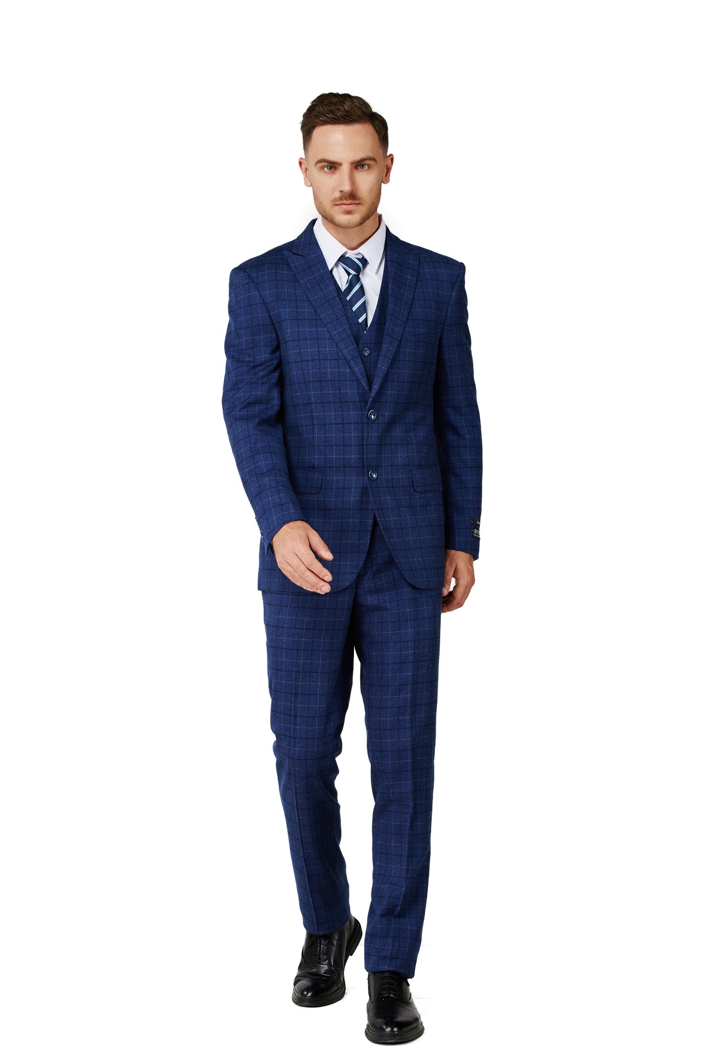 1502-Men's Royal Blue Checker Notched Lapel Suit Slim Fit (3 PCS)