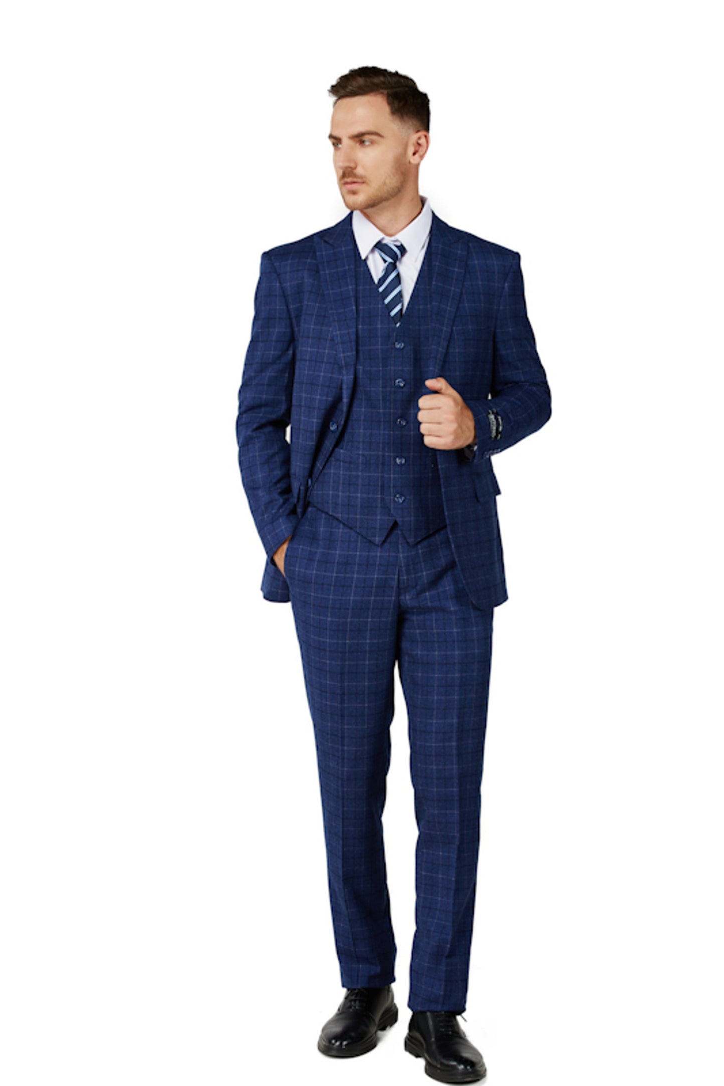 1502-Men's Royal Blue Checker Notched Lapel Suit Slim Fit (3 PCS)