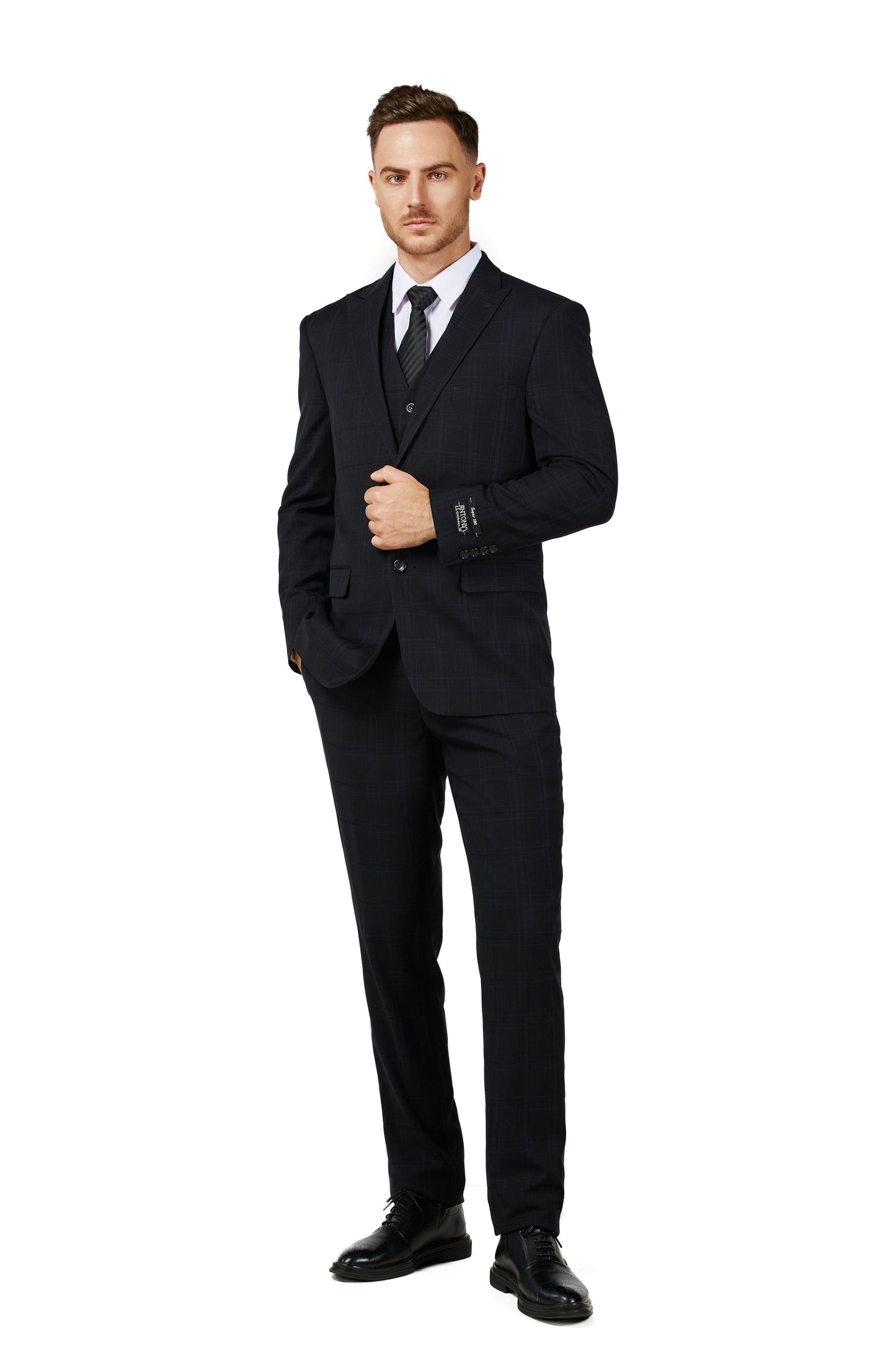 8703-Men's Black Checker Notched Lapel Suit Slim Fit (3 PCS)