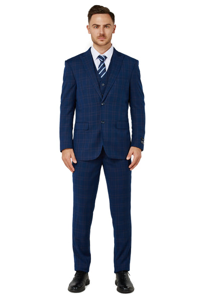 1502-Men's Blue Checker Notched Lapel Suit Slim Fit (3 PCS)