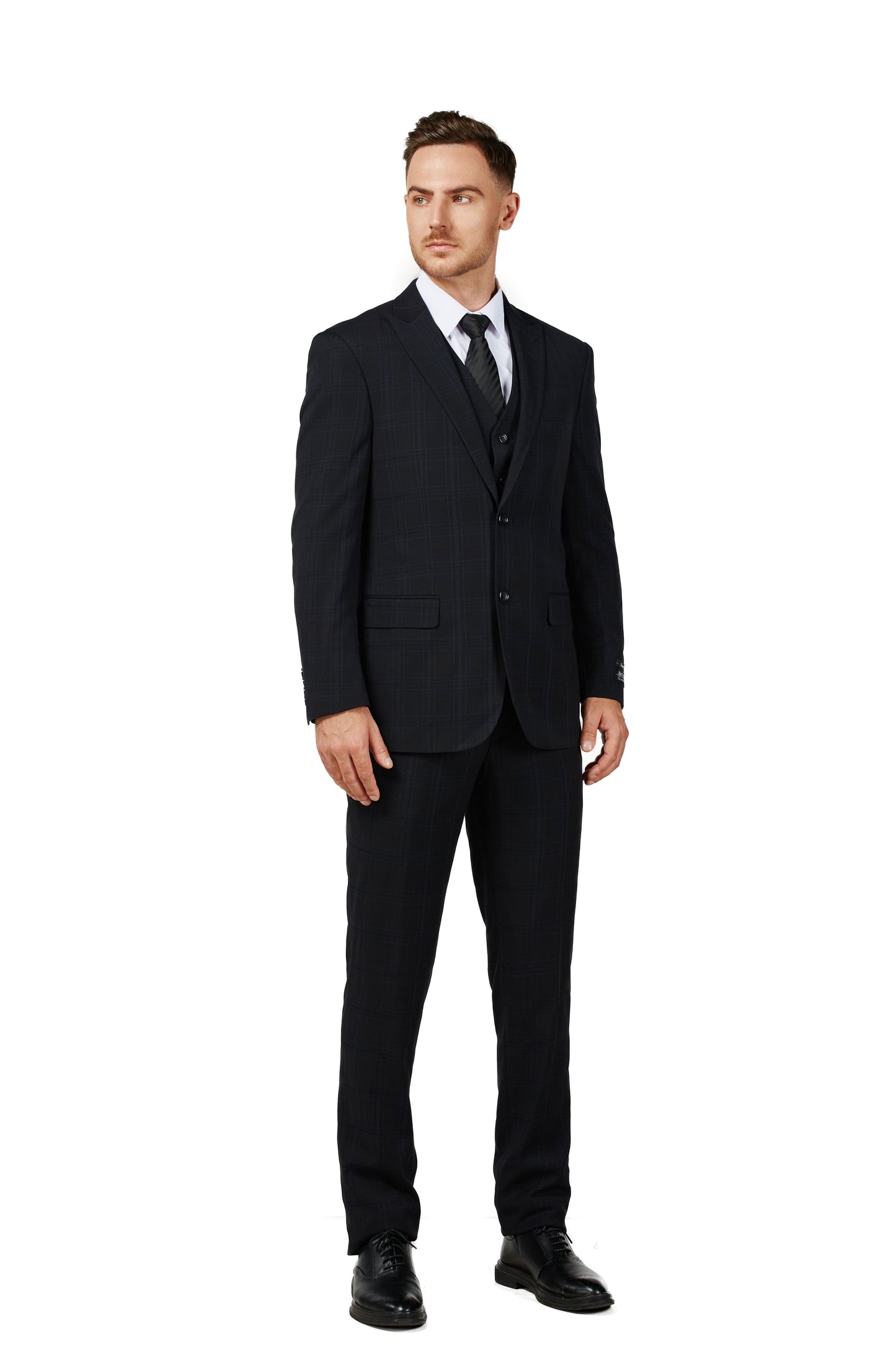 8703-Men's Black Checker Notched Lapel Suit Slim Fit (3 PCS)