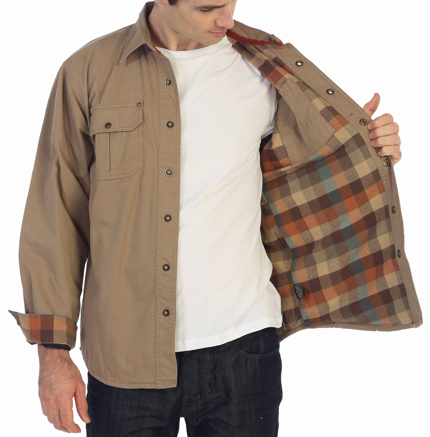 Men's 100% Cotton Brushed and Soft Twill Shirt Jacket with Flannel Lining