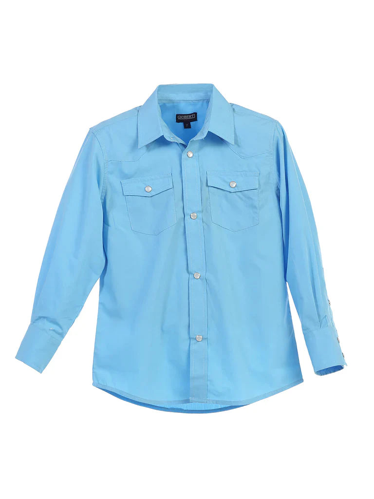 Boy's Casual Western Solid Long Sleeve Shirt with Pearl Snaps