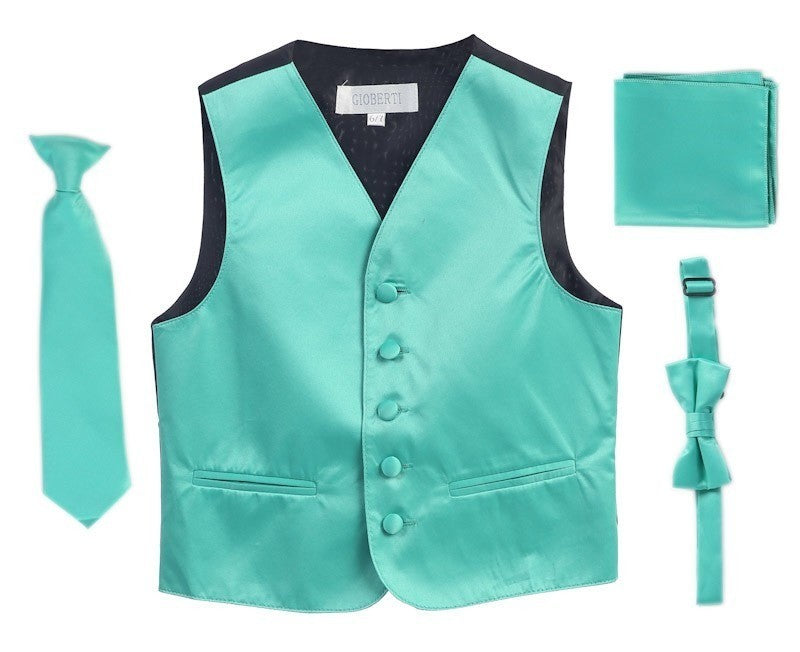 VSK4 BOYS SATIN SOLID 4 PCS SET FORMAL VEST IN 12 COLORS SIZE 2-7