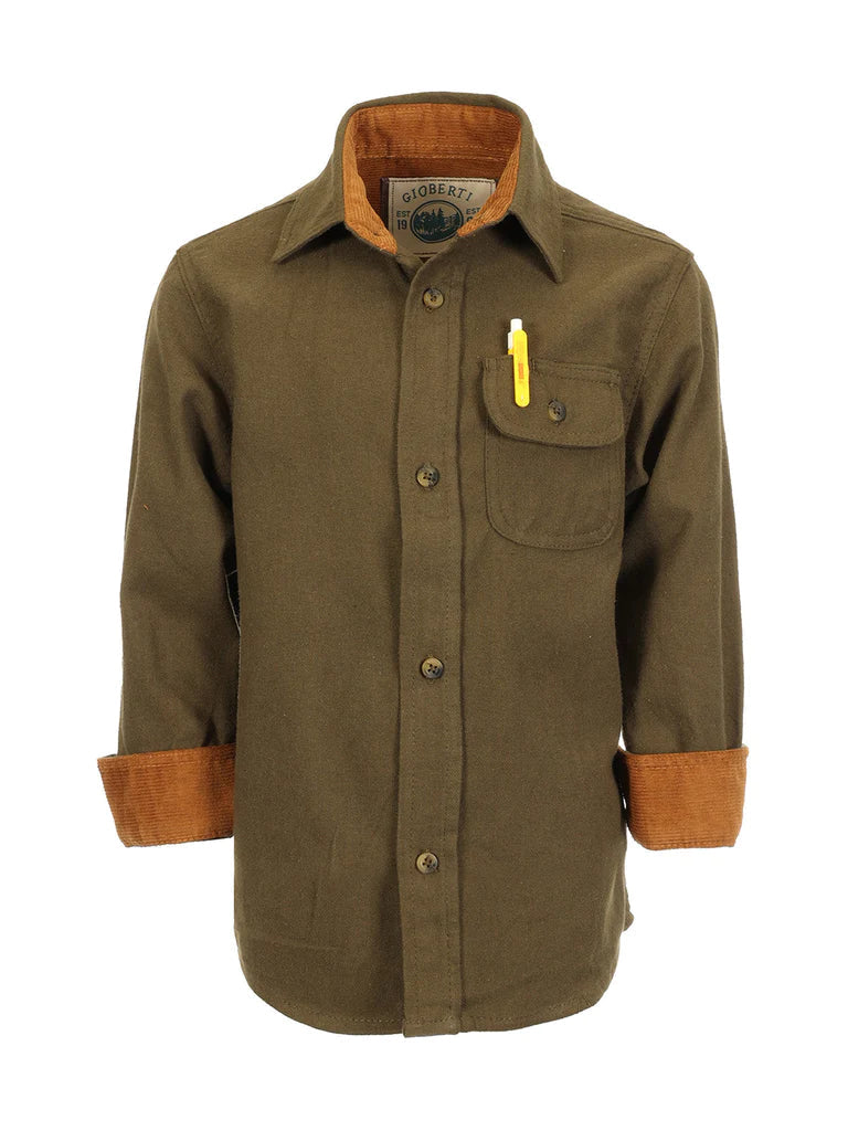 BOY'S SINGLE POCKET FLANNEL SHIRT WITH CORDUROY CONTRAST