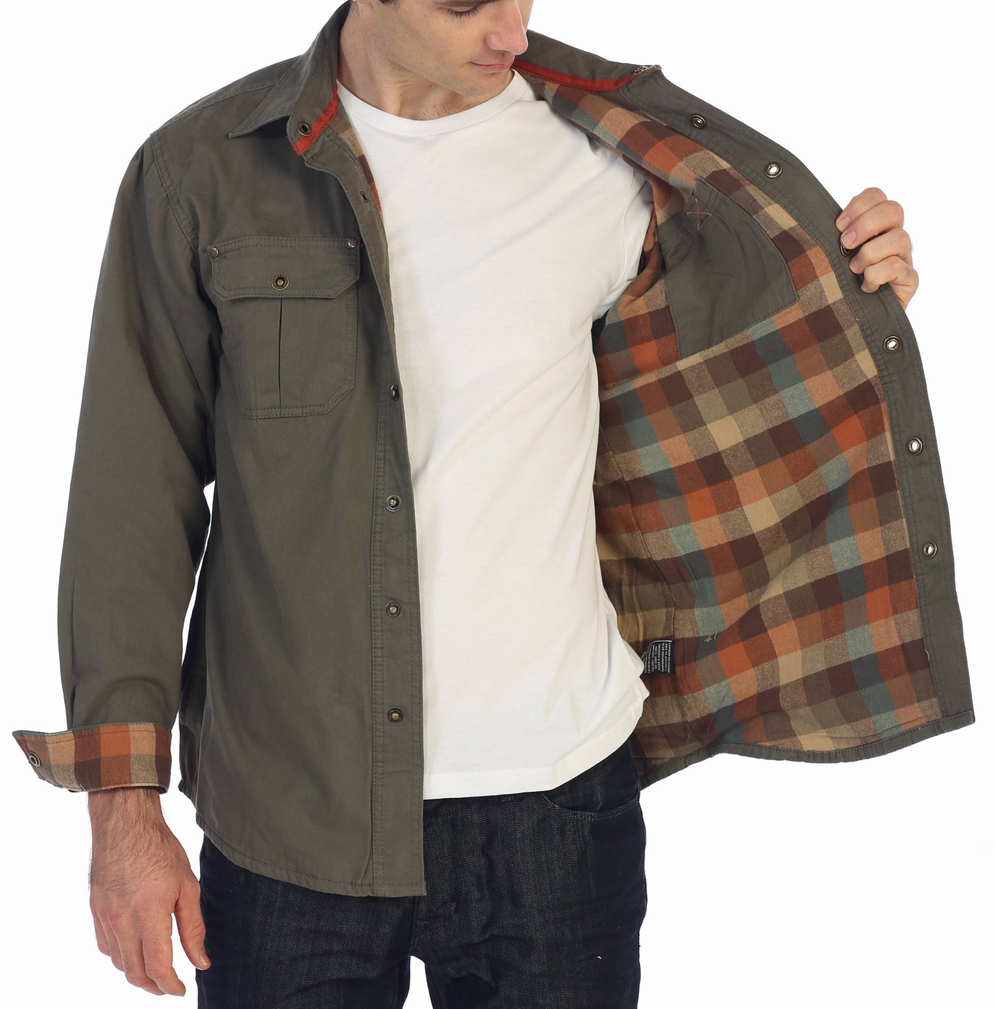 Men's 100% Cotton Brushed and Soft Twill Shirt Jacket with Flannel Lining