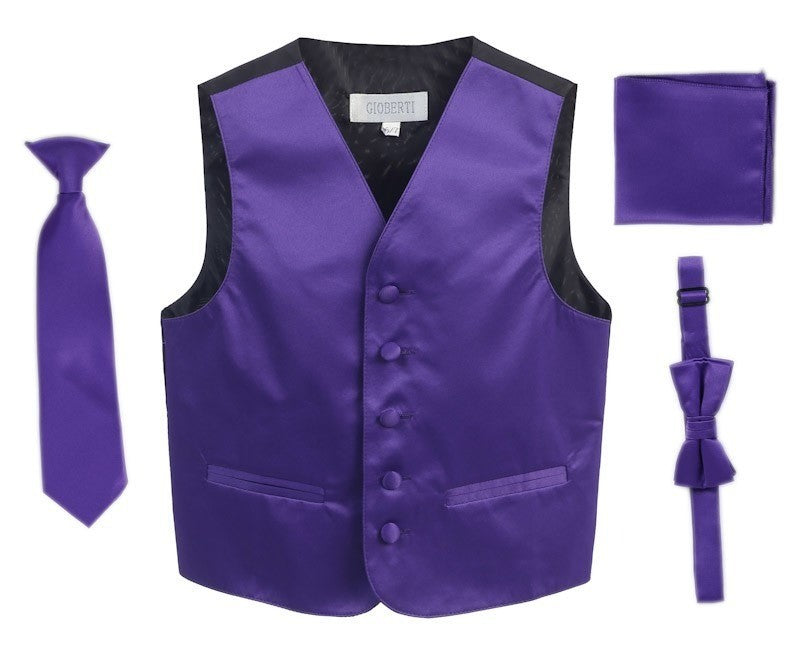 VSK4 BOYS SATIN SOLID 4 PCS SET FORMAL VEST IN 12 COLORS SIZE 2-7