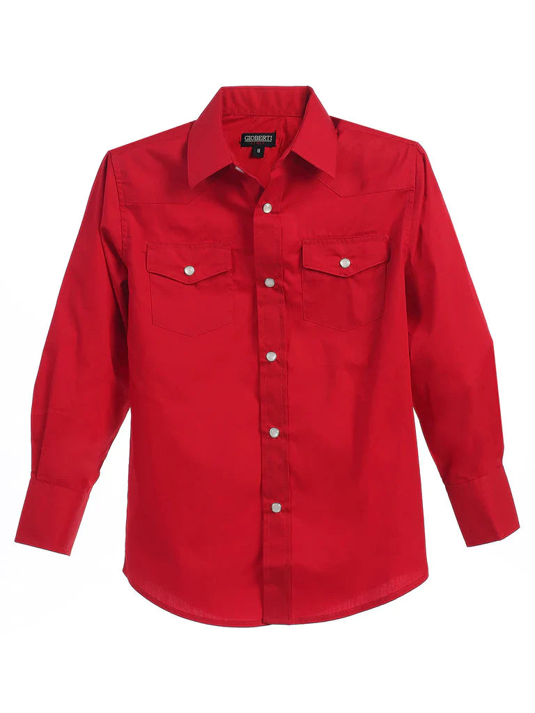 Boy's Casual Western Solid Long Sleeve Shirt with Pearl Snaps