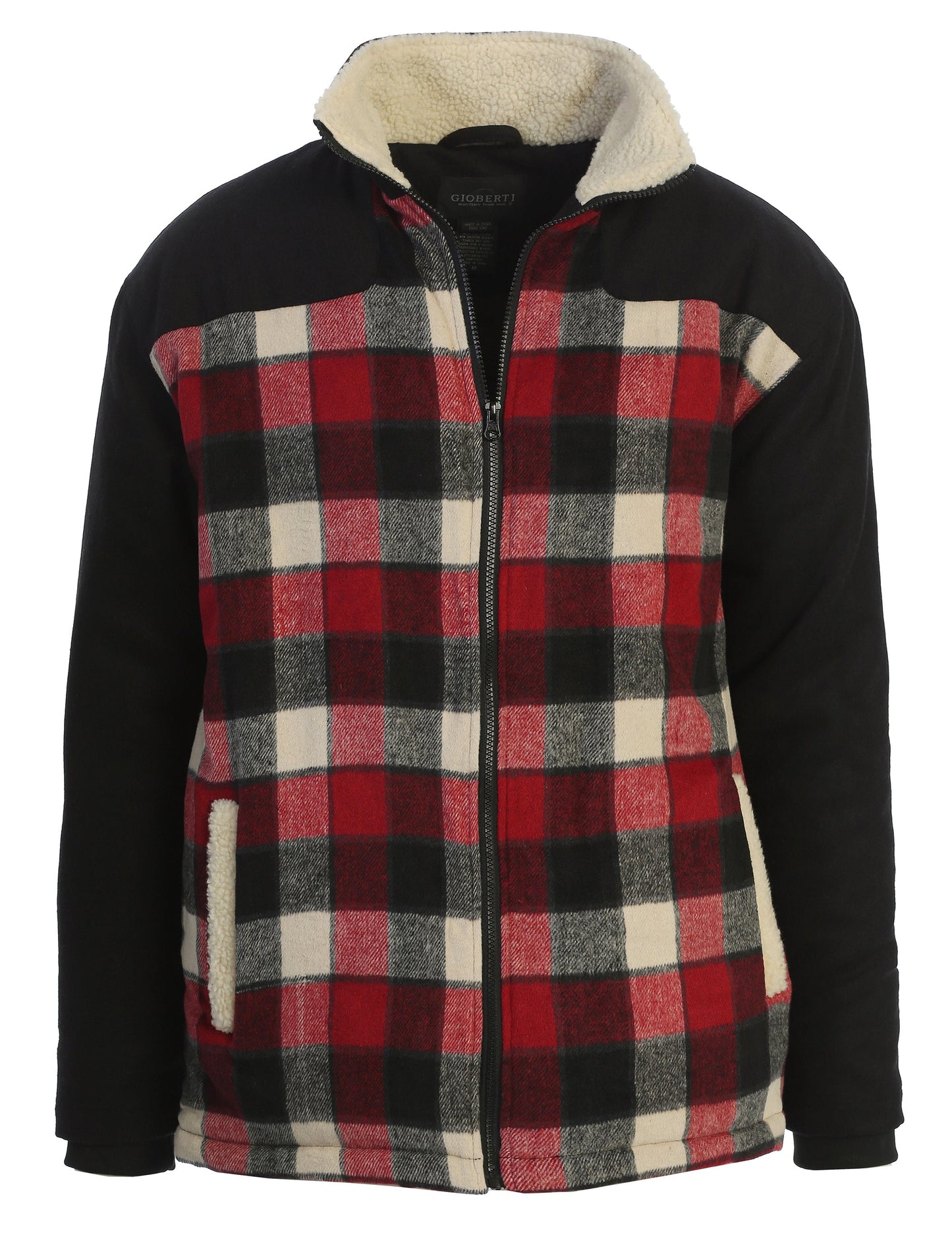 Men's Full Zip Wool-Like Plaid Jacket with Warm Cozy Inner Padding and Sherpa Collar