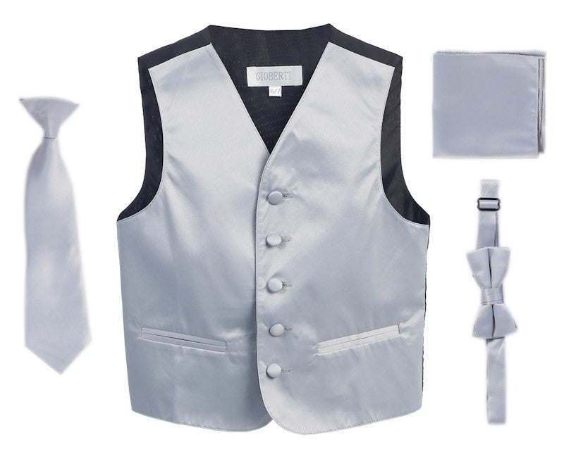 VSK4 BOYS SATIN SOLID 4 PCS SET FORMAL VEST IN 12 COLORS SIZE 2-7