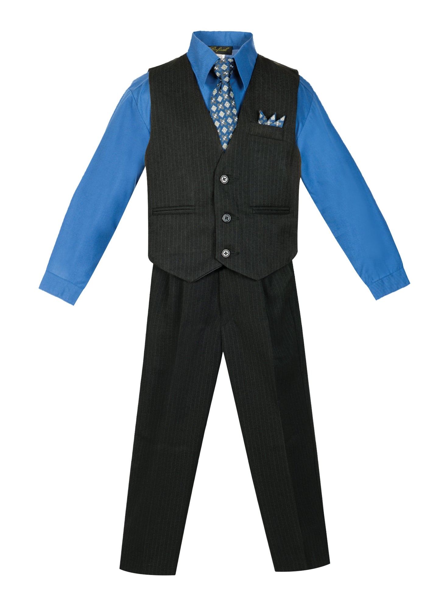 V-1688 Boys formal STRIPED vest set with tie (4 pcs) IN 5 COLORS (WHITE-TURQ-VIVID BLUE-ROYAL BLUE-RED) SIZE 6M-24M AND 2-20